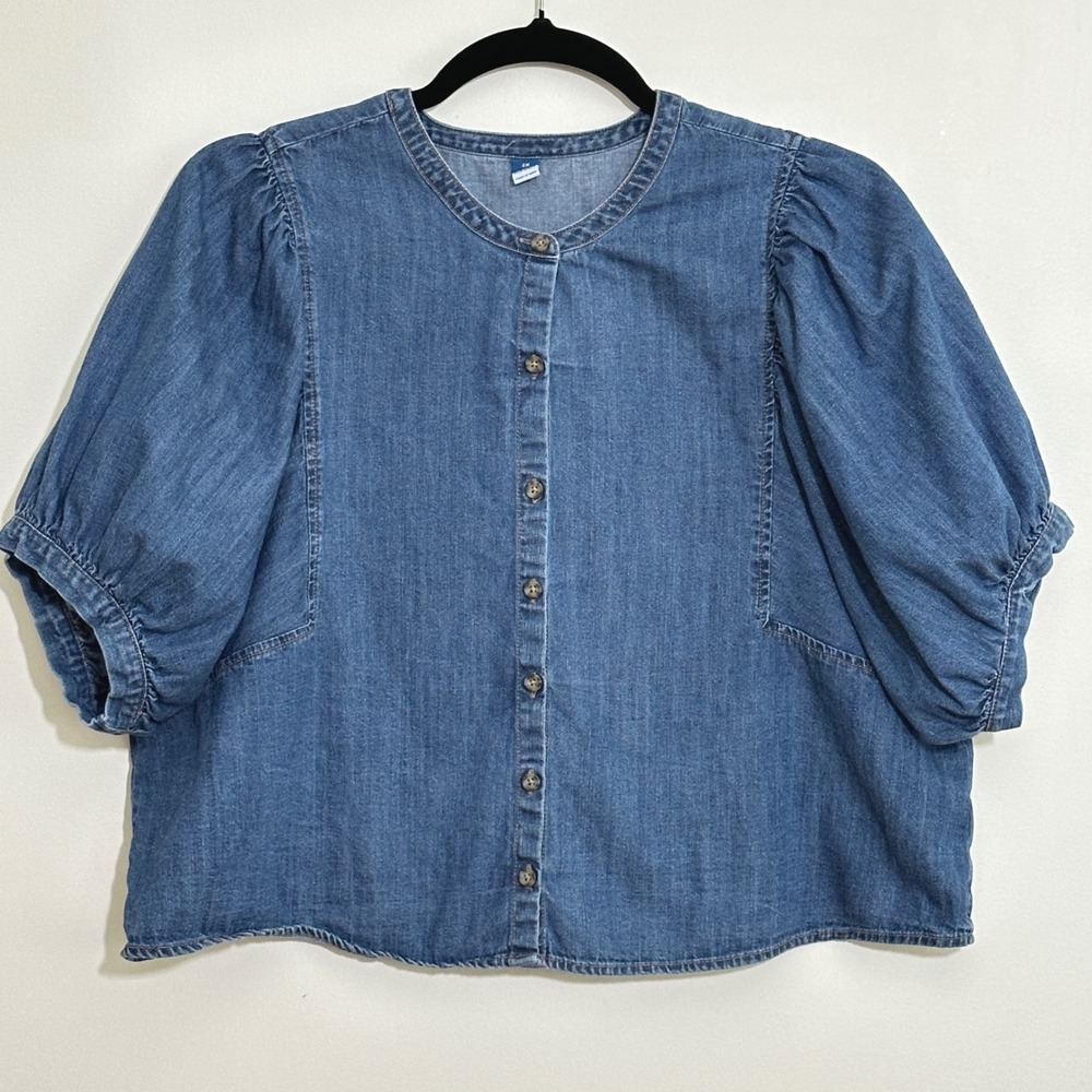 Old Navy Womens Top Plus 2X Blue Denim Puff Sleeve Boxy Boho Cottage Prairie